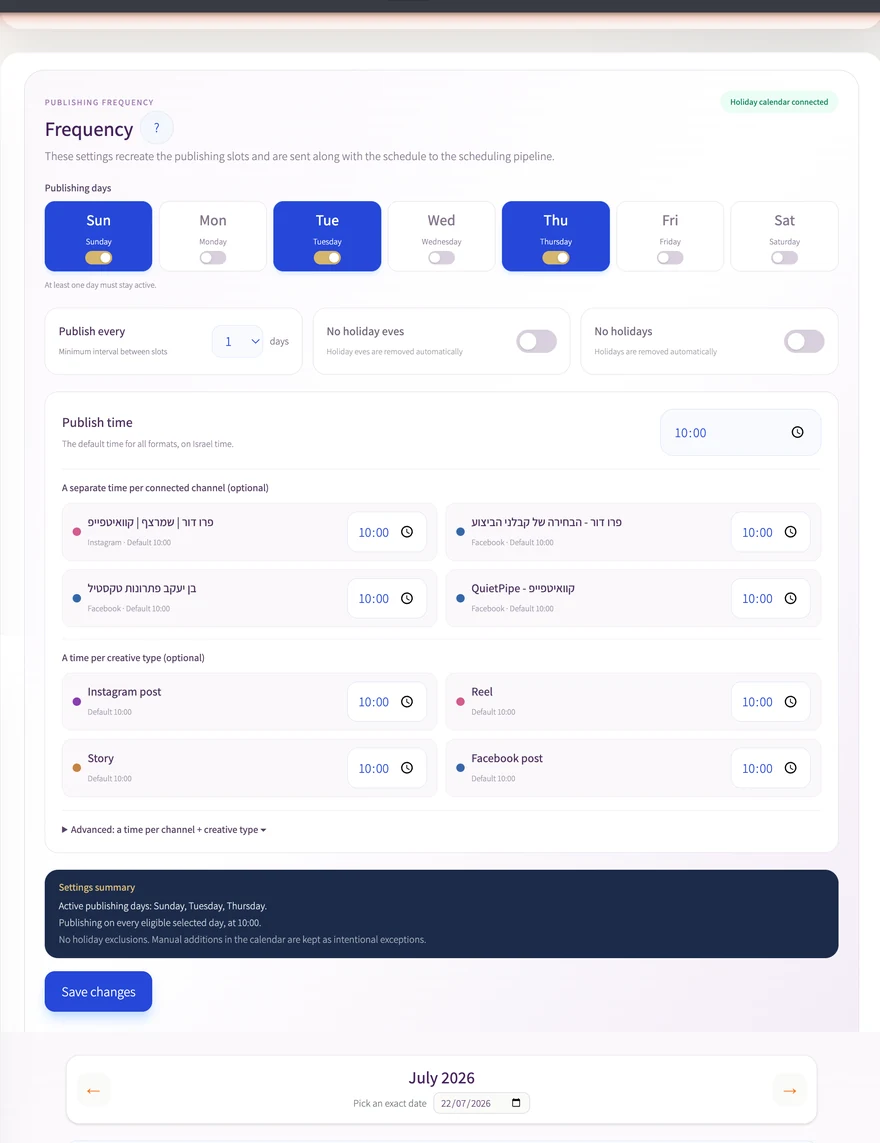 Frequency and publishing time settings